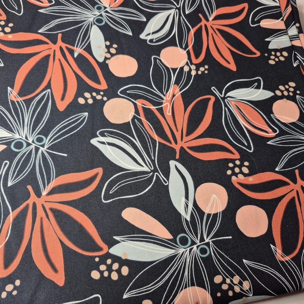 Melrose Floral Moda Cotton Fabric Leaves Outlines Black/Blue 2 1/4 Yards